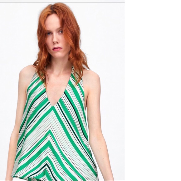 Zara Halter Cutout Sleeveless Top Green White Striped Size Small